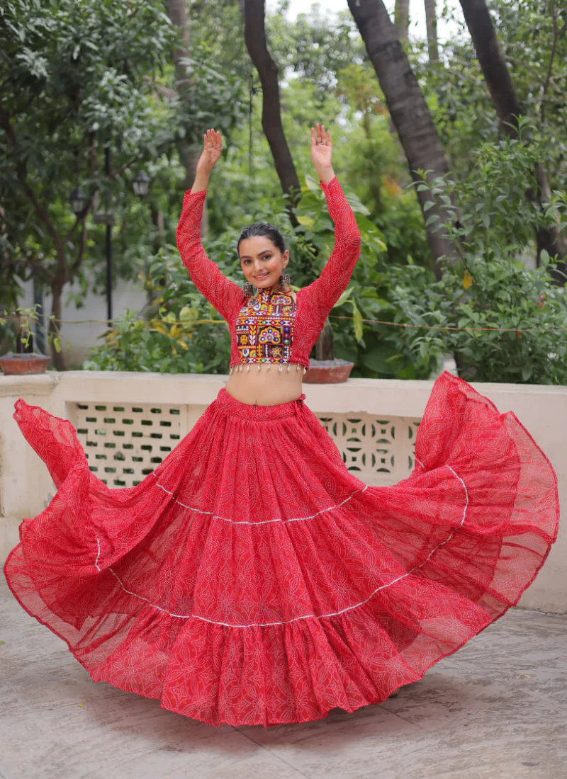 Bandhani Printed Georgette Navratri Special Red Ghagra Choli Set - Image 10