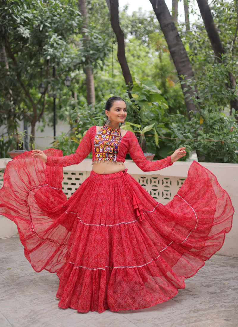Bandhani Printed Georgette Navratri Special Red Ghagra Choli Set - Image 11