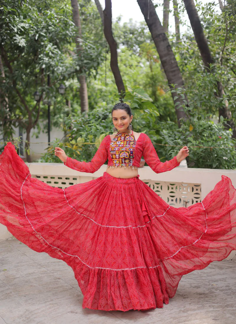 Bandhani Printed Georgette Navratri Special Red Ghagra Choli Set - Image 12