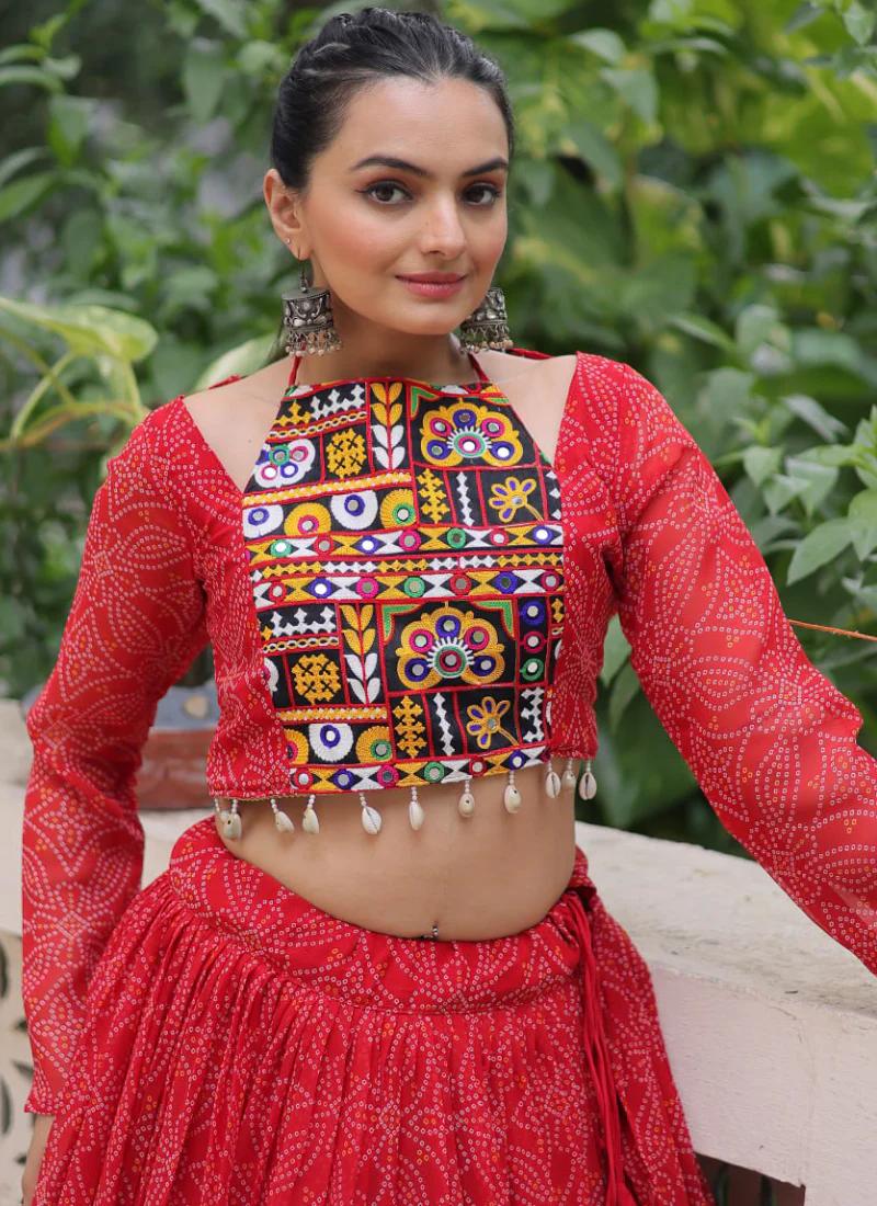 Bandhani Printed Georgette Navratri Special Red Ghagra Choli Set - Image 2