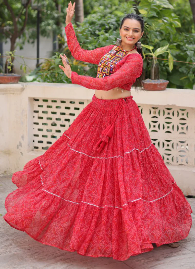 Bandhani Printed Georgette Navratri Special Red Ghagra Choli Set - Image 3