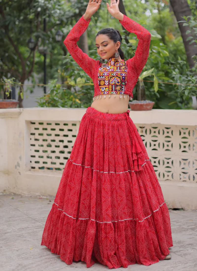 Bandhani Printed Georgette Navratri Special Red Ghagra Choli Set - Image 4