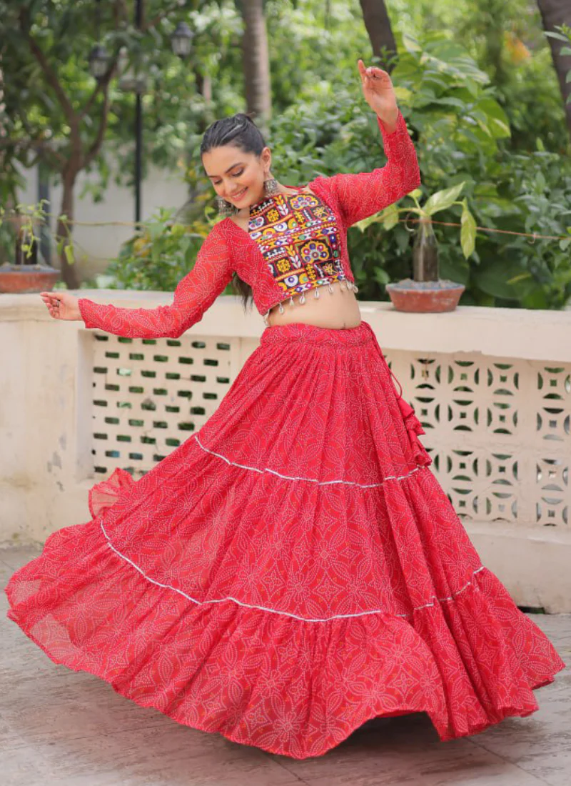 Bandhani Printed Georgette Navratri Special Red Ghagra Choli Set - Image 5