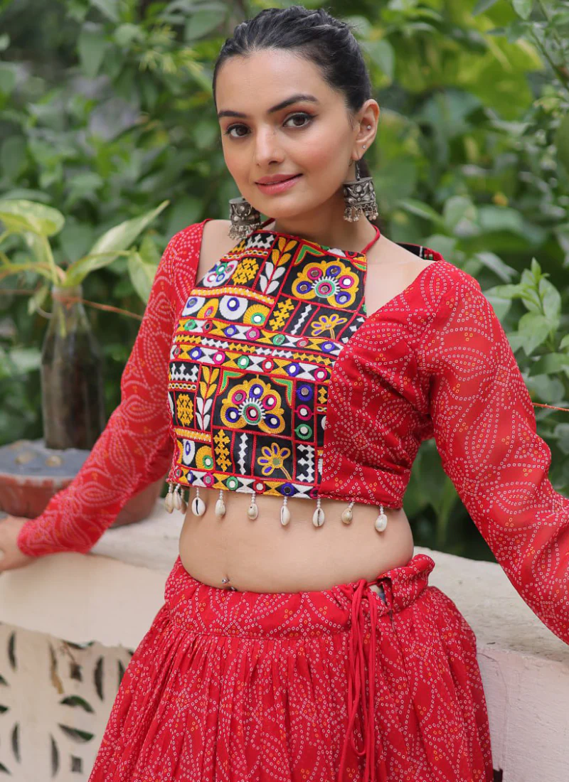 Bandhani Printed Georgette Navratri Special Red Ghagra Choli Set - Image 6