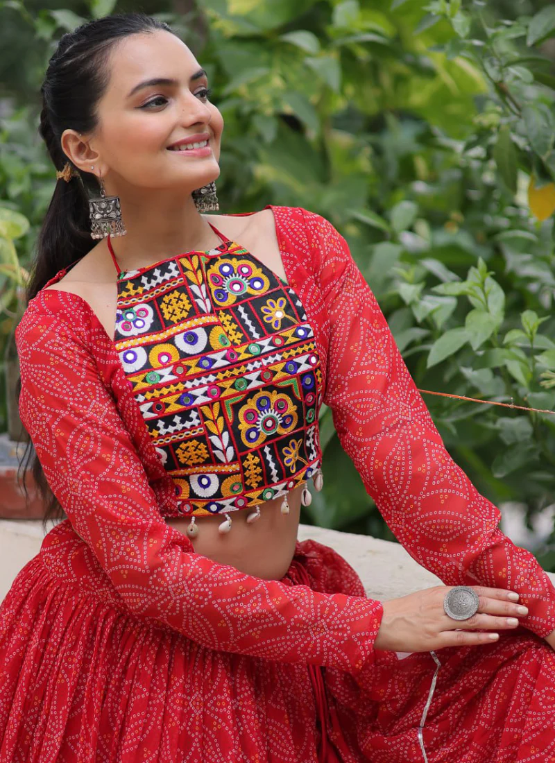 Bandhani Printed Georgette Navratri Special Red Ghagra Choli Set - Image 7