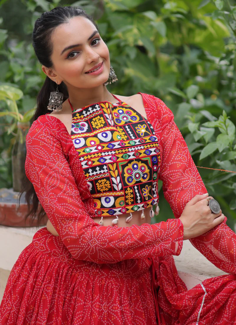 Bandhani Printed Georgette Navratri Special Red Ghagra Choli Set - Image 8