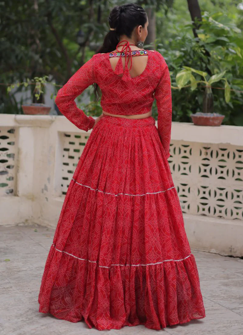 Bandhani Printed Georgette Navratri Special Red Ghagra Choli Set - Image 9