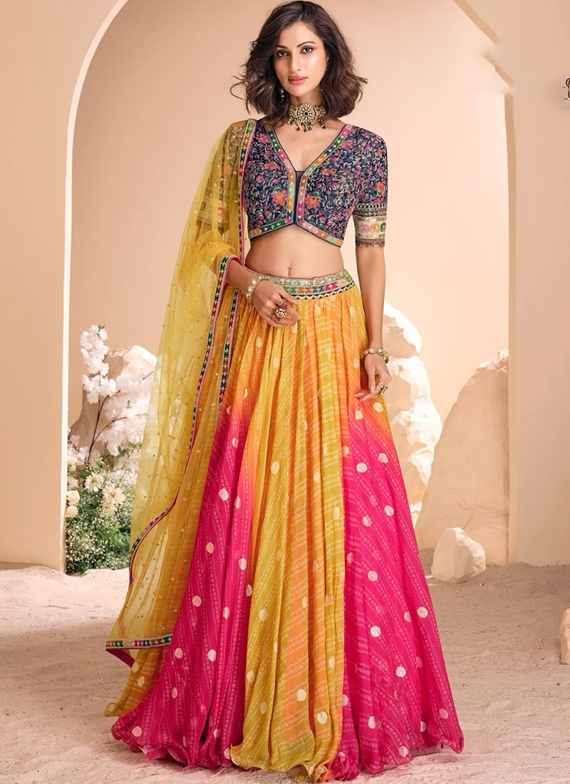 Bandhani Printed Shaded Jacquard Silk Zari Work Lehenga Choli - Image 3