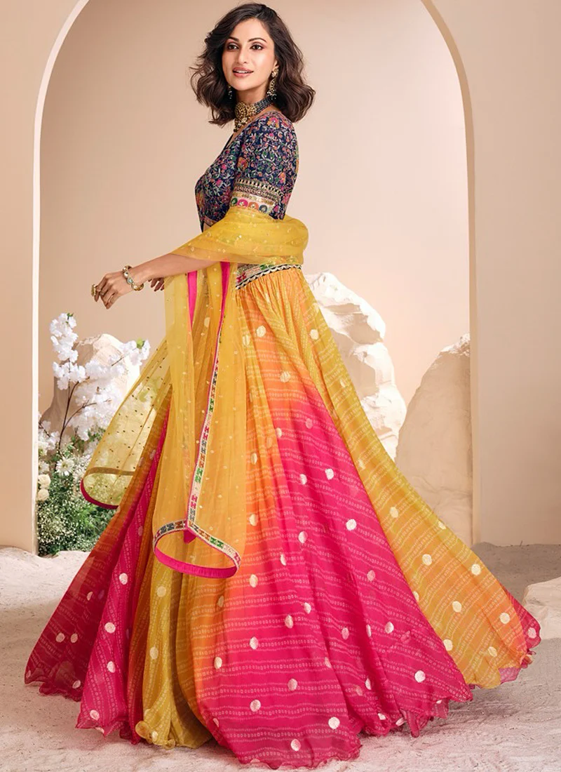 Bandhani Printed Shaded Jacquard Silk Zari Work Lehenga Choli - Image 4
