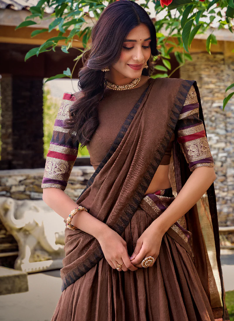 Beautiful Brown Chanderi Silk Featuring Zari Weaving Lehenga Choli Set - Image 2