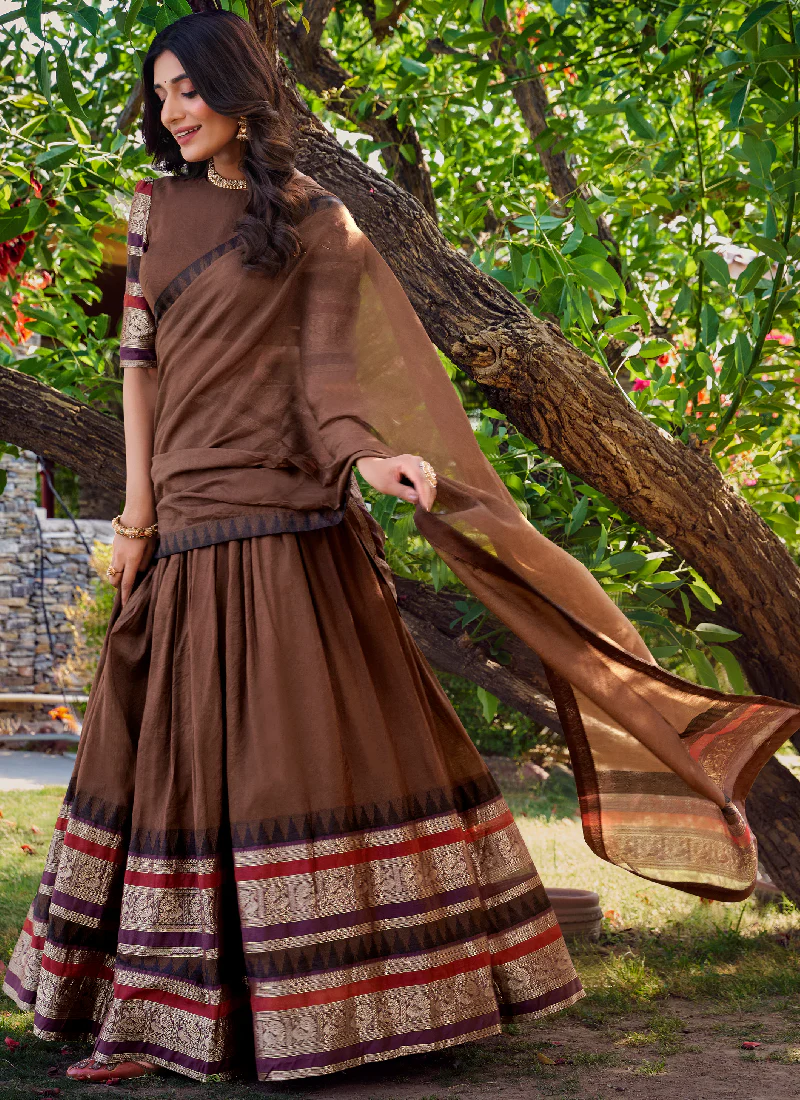 Beautiful Brown Chanderi Silk Featuring Zari Weaving Lehenga Choli Set - Image 3