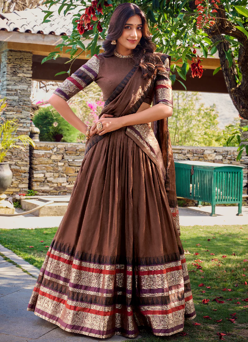 Beautiful Brown Chanderi Silk Featuring Zari Weaving Lehenga Choli Set - Image 4