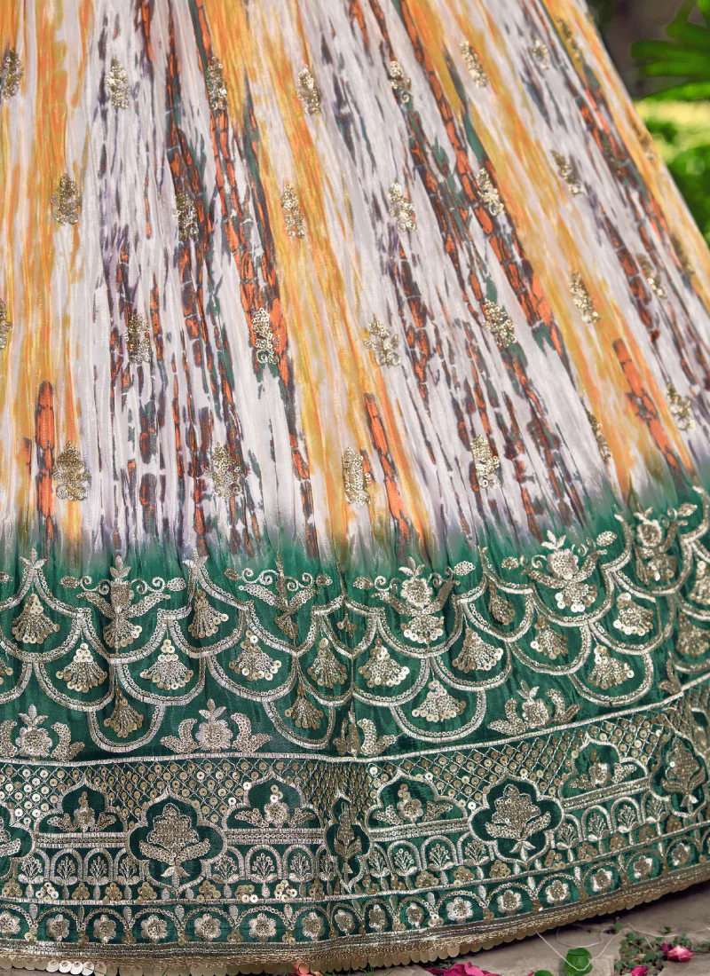 Beautiful Chinon Silk Printed White And Green Mehendi Function Lehenga - Image 10