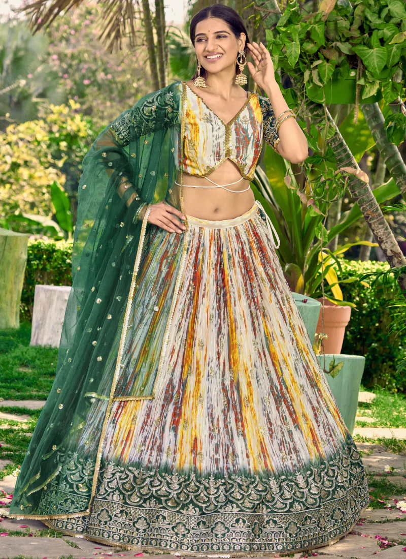 Beautiful Chinon Silk Printed White And Green Mehendi Function Lehenga - Image 3