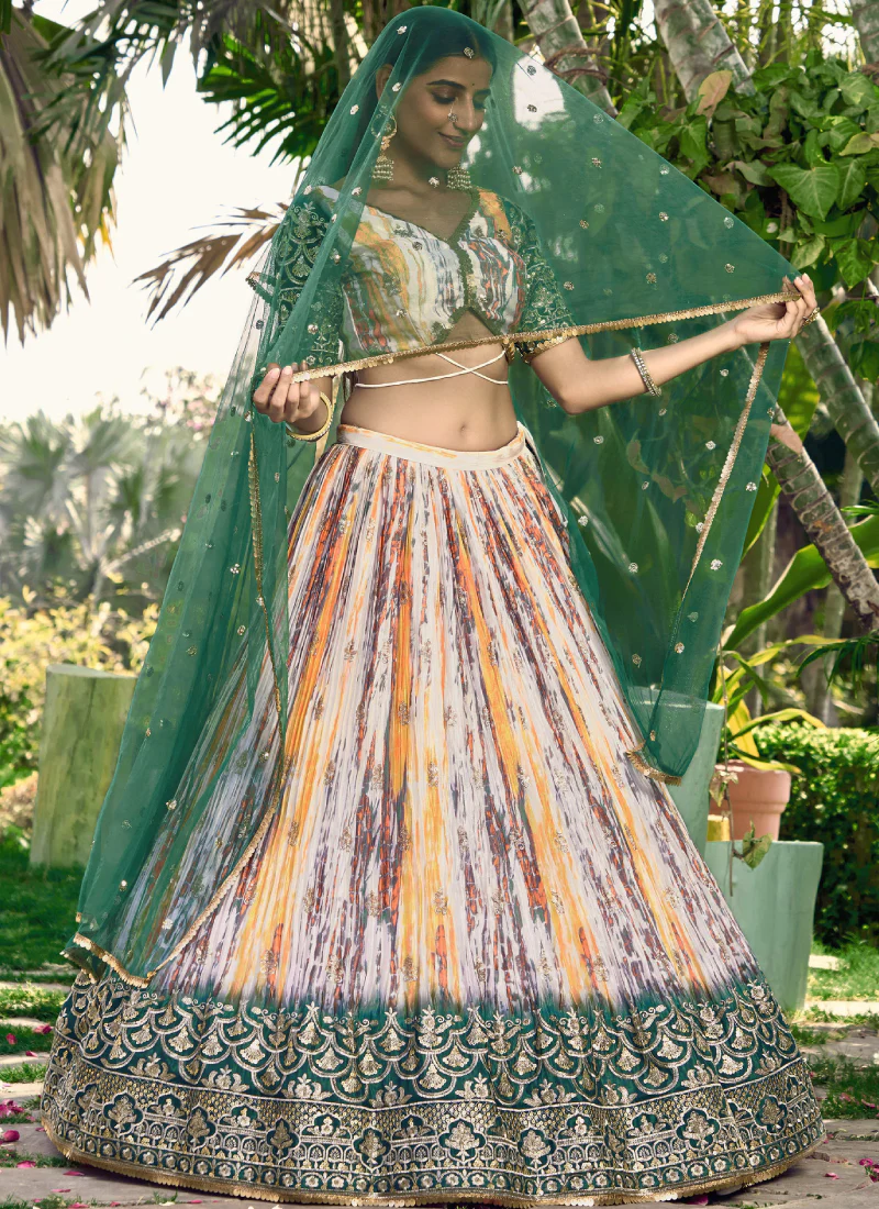 Beautiful Chinon Silk Printed White And Green Mehendi Function Lehenga - Image 4