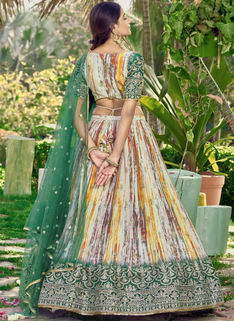 Beautiful Chinon Silk Printed White And Green Mehendi Function Lehenga - Image 5