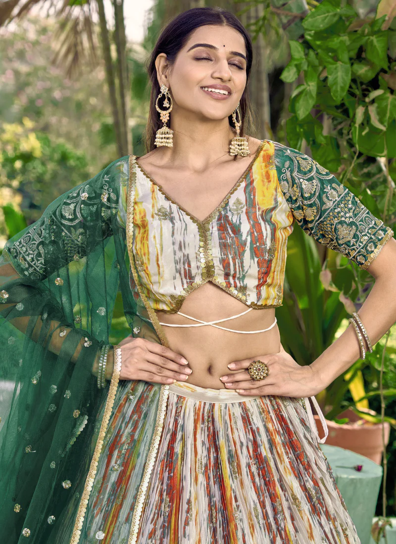 Beautiful Chinon Silk Printed White And Green Mehendi Function Lehenga - Image 7
