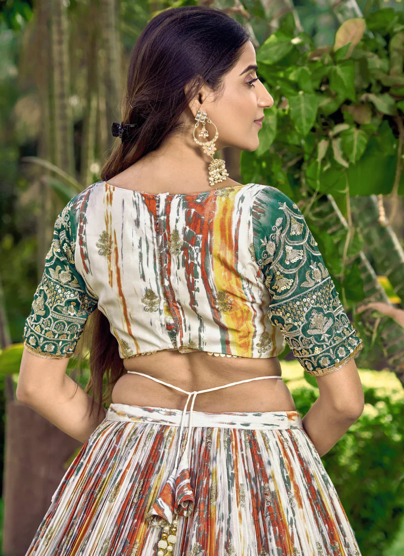 Beautiful Chinon Silk Printed White And Green Mehendi Function Lehenga - Image 8