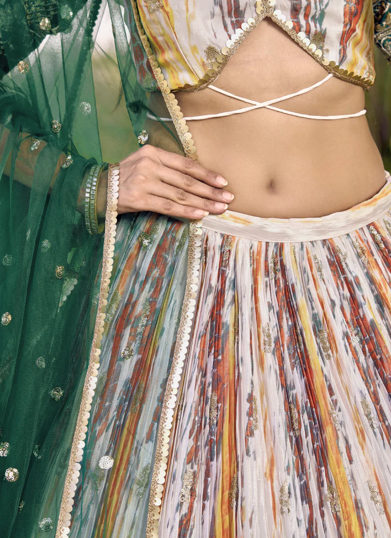 Beautiful Chinon Silk Printed White And Green Mehendi Function Lehenga - Image 9