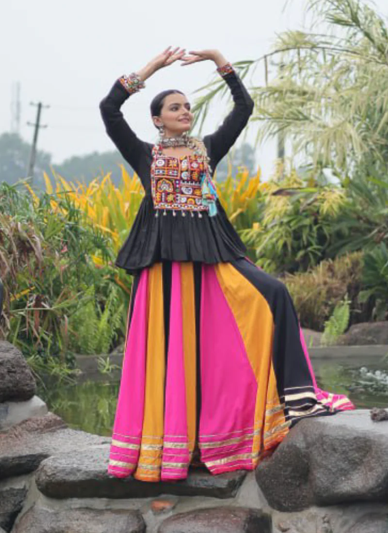 Beautiful Navratri Special Rayon Multi Color Lehenga With Peplum Top - Image 4
