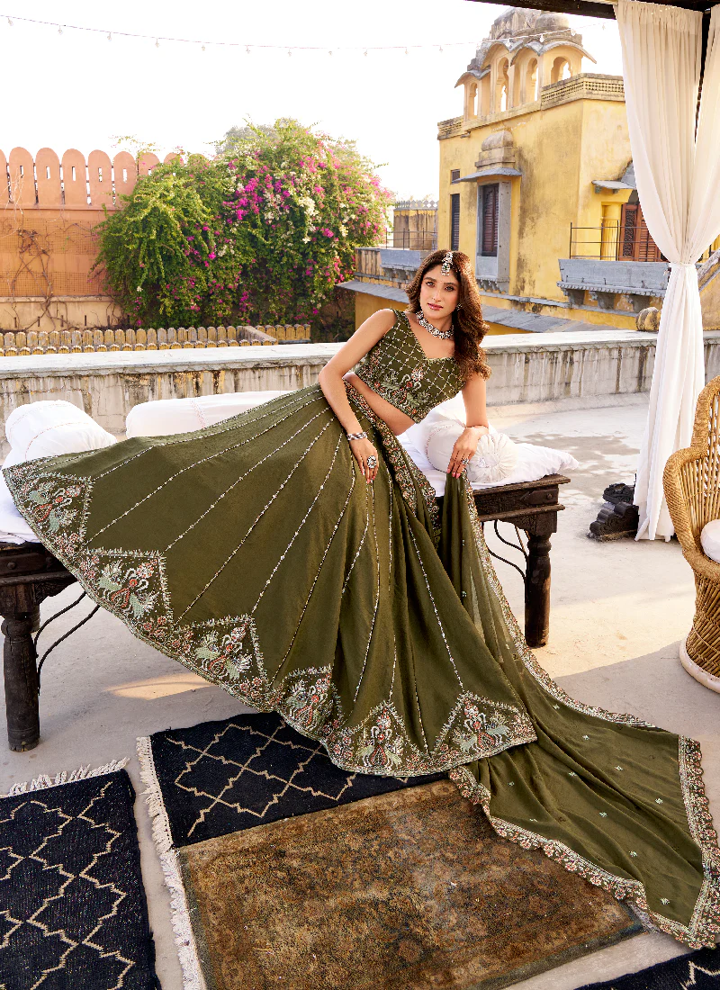 Beautiful Olive Green Sequins Embroidery Chocolate Crush Lehenga Choli - Image 4