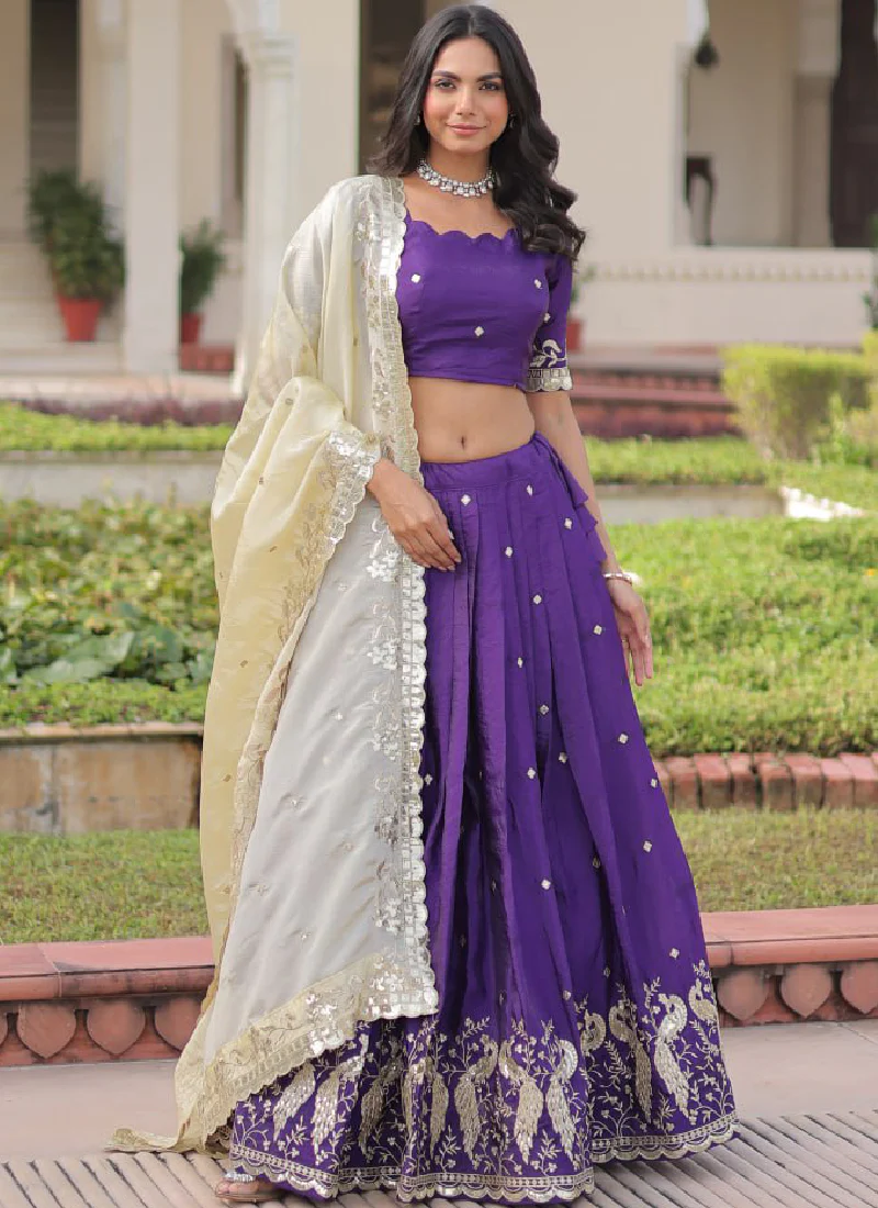 Beautiful Purple Gold Crush Zari Embroidery Wedding Wear Lehenga Choli - Image 3