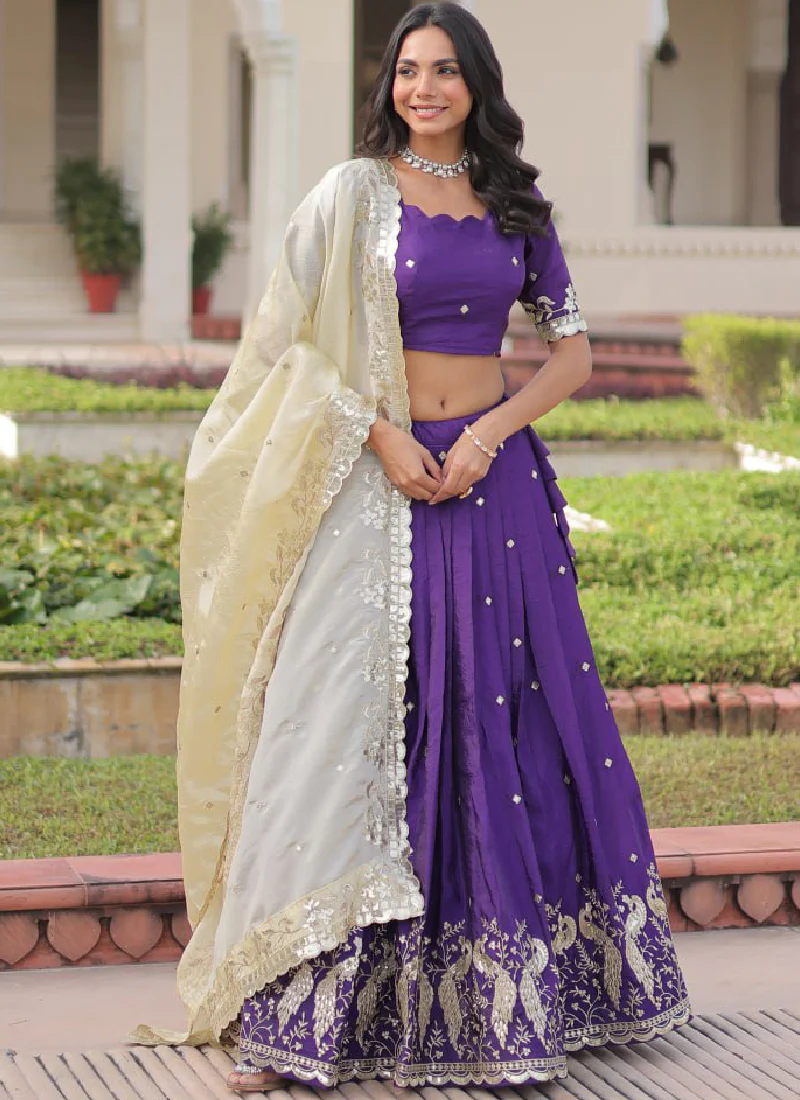 Beautiful Purple Gold Crush Zari Embroidery Wedding Wear Lehenga Choli - Image 4