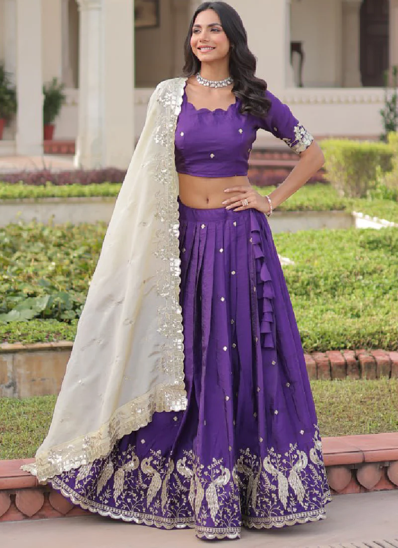 Beautiful Purple Gold Crush Zari Embroidery Wedding Wear Lehenga Choli - Image 6