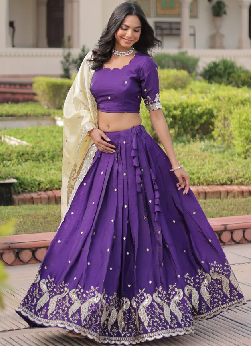 Beautiful Purple Gold Crush Zari Embroidery Wedding Wear Lehenga Choli - Image 7