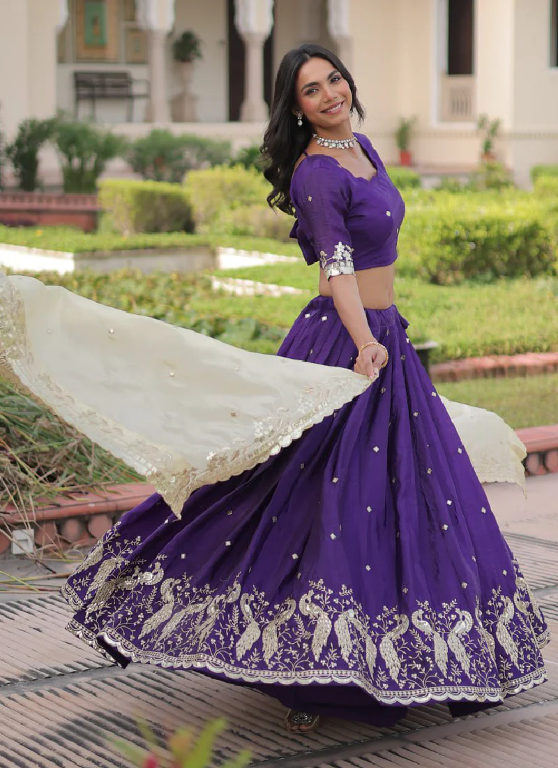 Beautiful Purple Gold Crush Zari Embroidery Wedding Wear Lehenga Choli - Image 8
