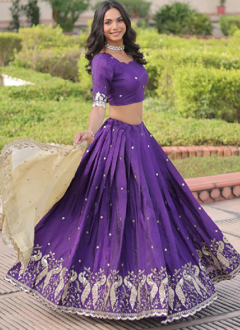 Beautiful Purple Gold Crush Zari Embroidery Wedding Wear Lehenga Choli - Image 9