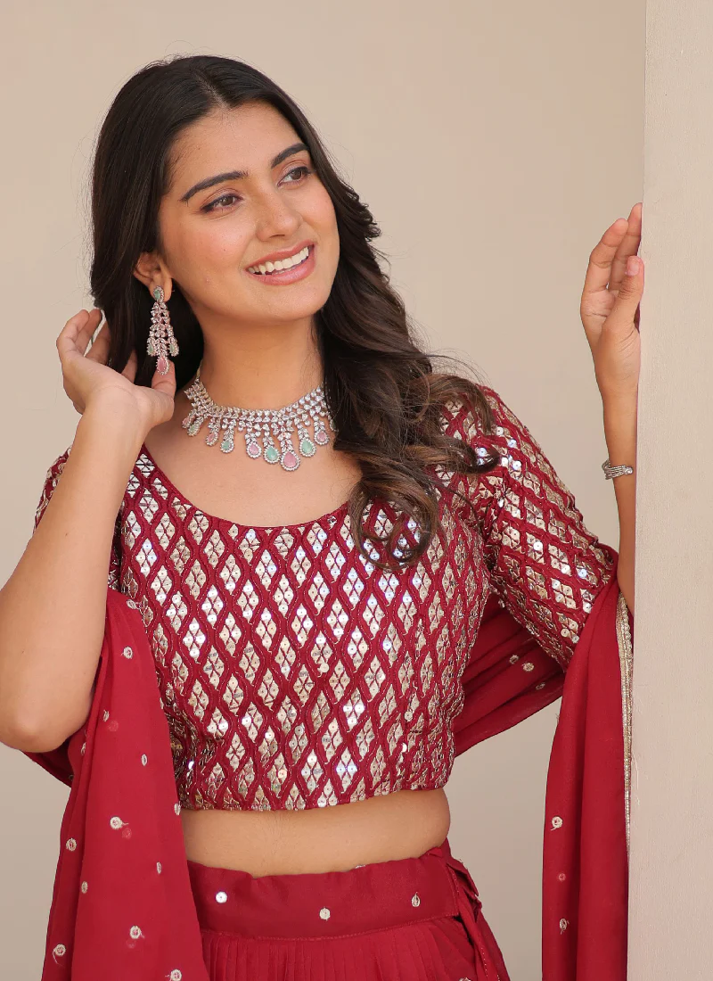 Beautiful Red Georgette Sequence Work Lehenga Choli For Wedding - Image 3