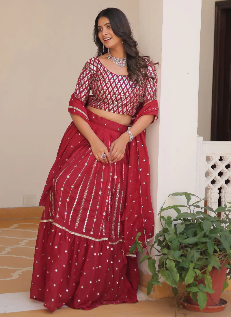 Beautiful Red Georgette Sequence Work Lehenga Choli For Wedding - Image 4