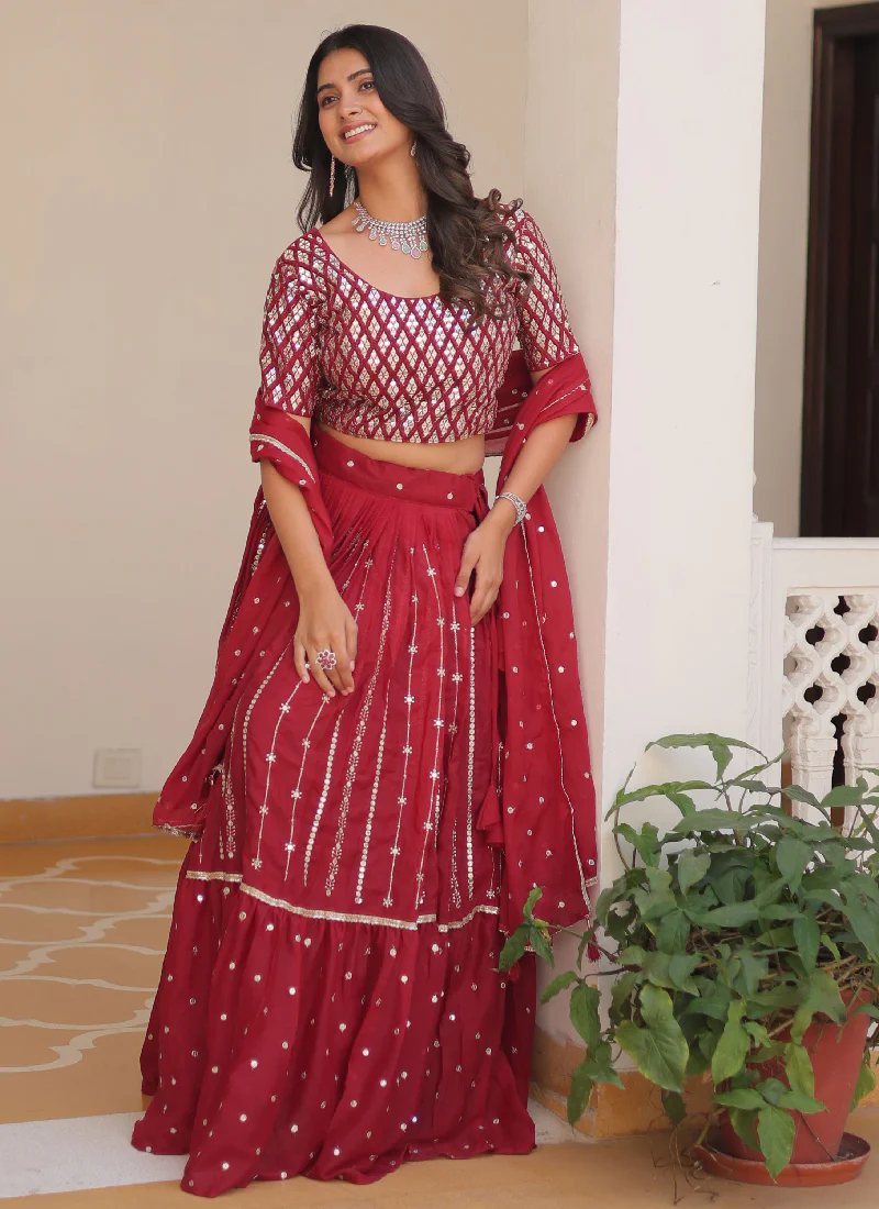 Beautiful Red Georgette Sequence Work Lehenga Choli For Wedding - Image 5