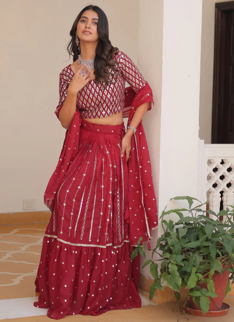 Beautiful Red Georgette Sequence Work Lehenga Choli For Wedding - Image 6