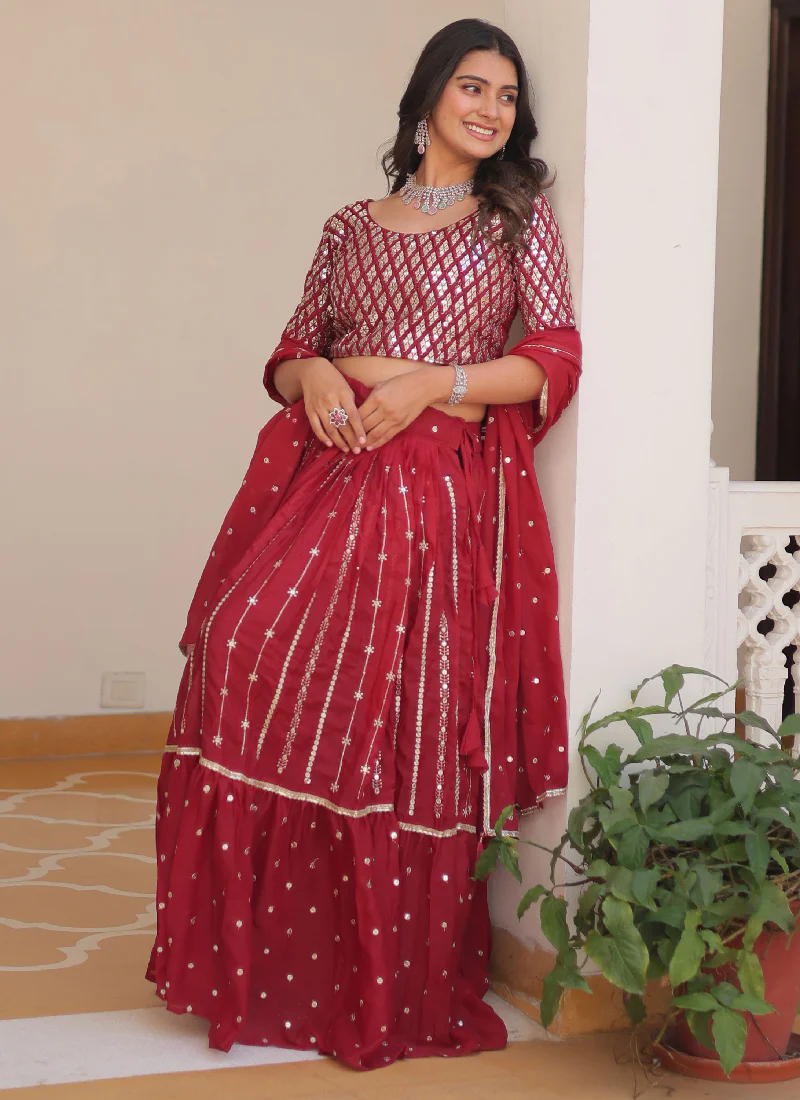 Beautiful Red Georgette Sequence Work Lehenga Choli For Wedding - Image 7