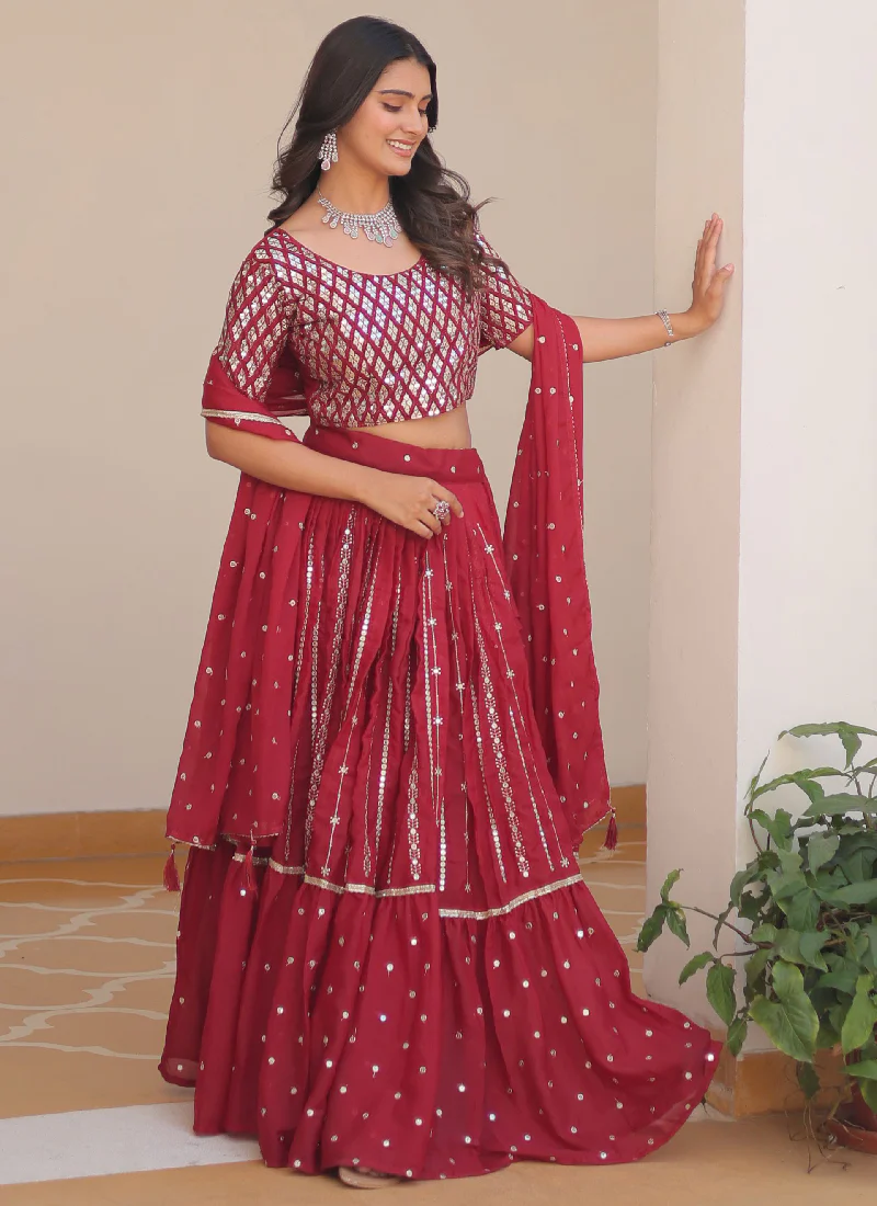 Beautiful Red Georgette Sequence Work Lehenga Choli For Wedding - Image 8