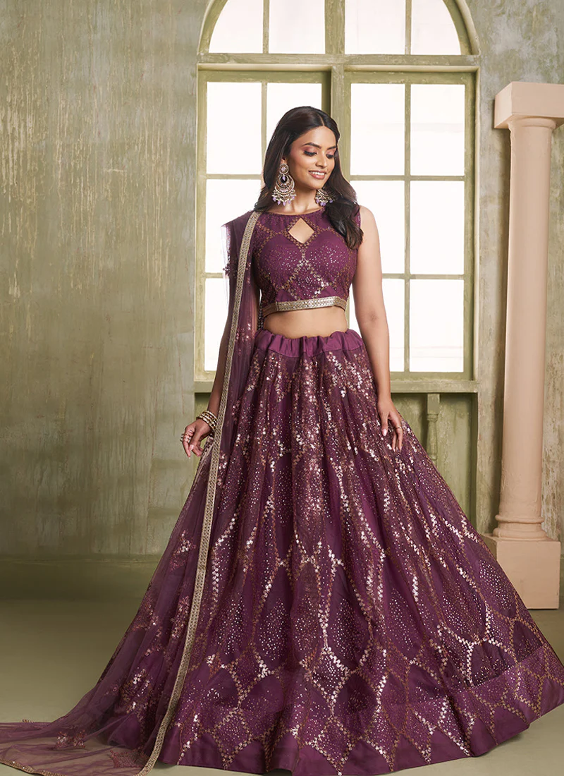 Beautiful Sequence Embroidered Wine Net Lehenga Choli For Wedding - Image 4
