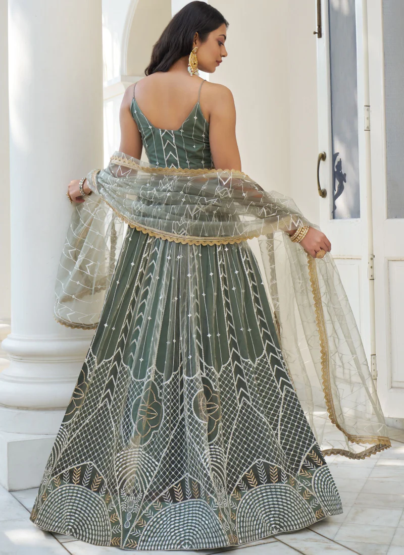 Beautiful Thread Work Net Party Wear Dusty Green Lehenga Choli - Image 3