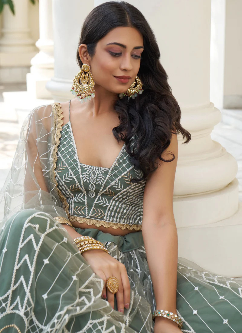 Beautiful Thread Work Net Party Wear Dusty Green Lehenga Choli - Image 4