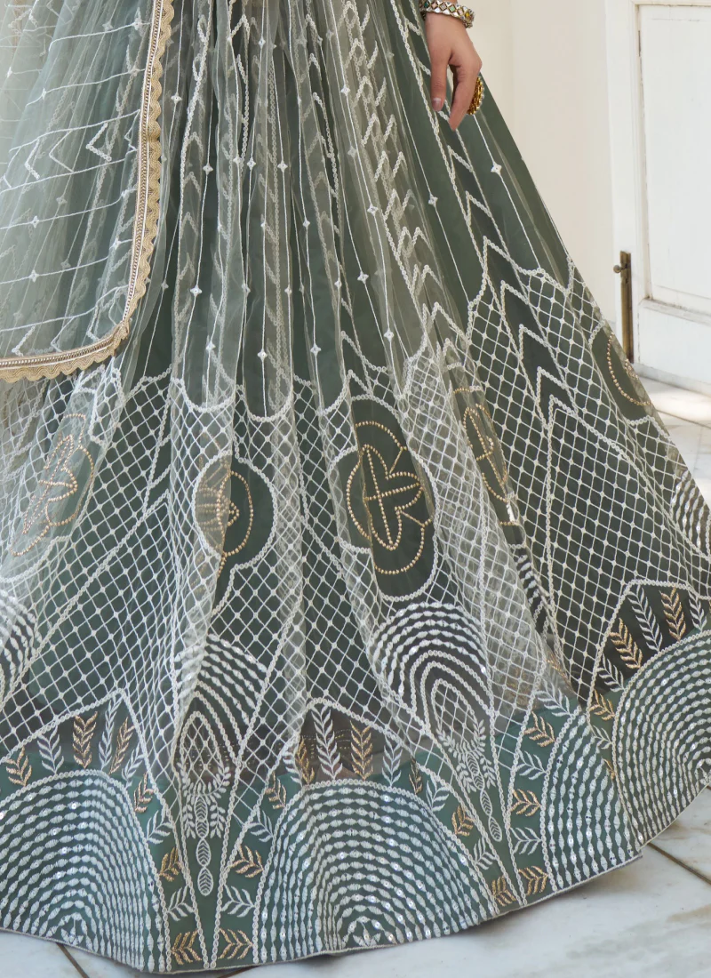Beautiful Thread Work Net Party Wear Dusty Green Lehenga Choli - Image 5