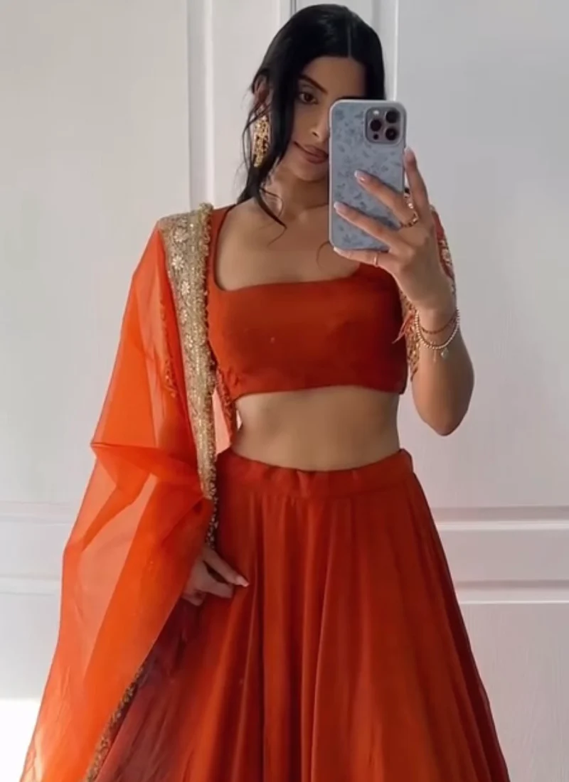 Beautiful Zari Embroidered Georgette Bridesmaids Orange Lehenga Choli - Image 2