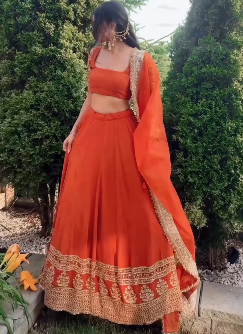 Beautiful Zari Embroidered Georgette Bridesmaids Orange Lehenga Choli - Image 4