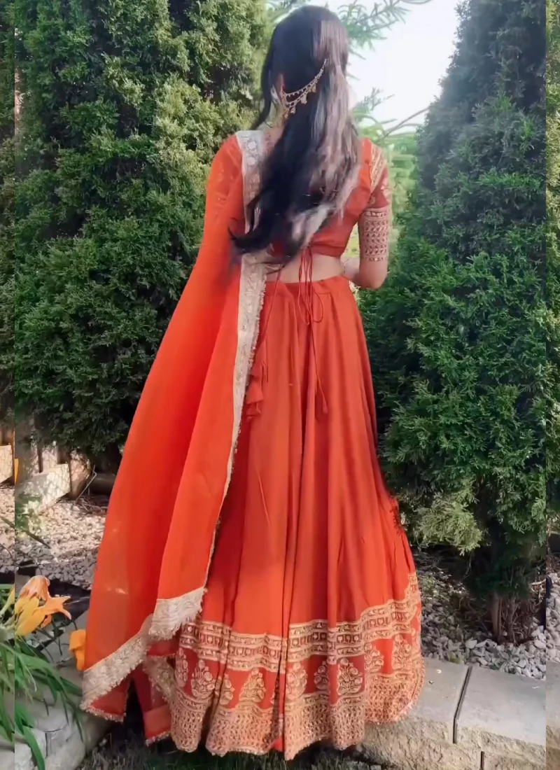 Beautiful Zari Embroidered Georgette Bridesmaids Orange Lehenga Choli - Image 5