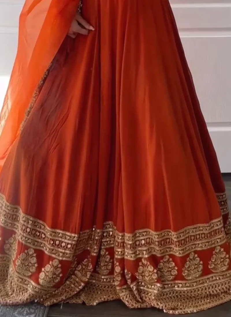 Beautiful Zari Embroidered Georgette Bridesmaids Orange Lehenga Choli - Image 6