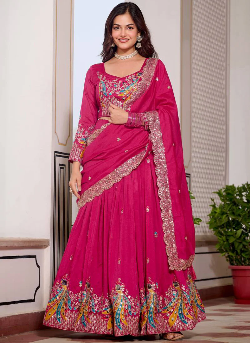 Bewitching Heavy Sequence Embroidered Vichitra Silk Pink Lehenga Choli