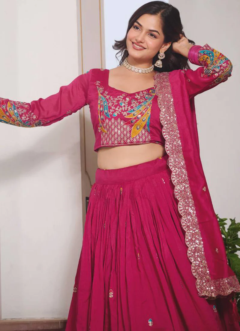 Bewitching Heavy Sequence Embroidered Vichitra Silk Pink Lehenga Choli - Image 2