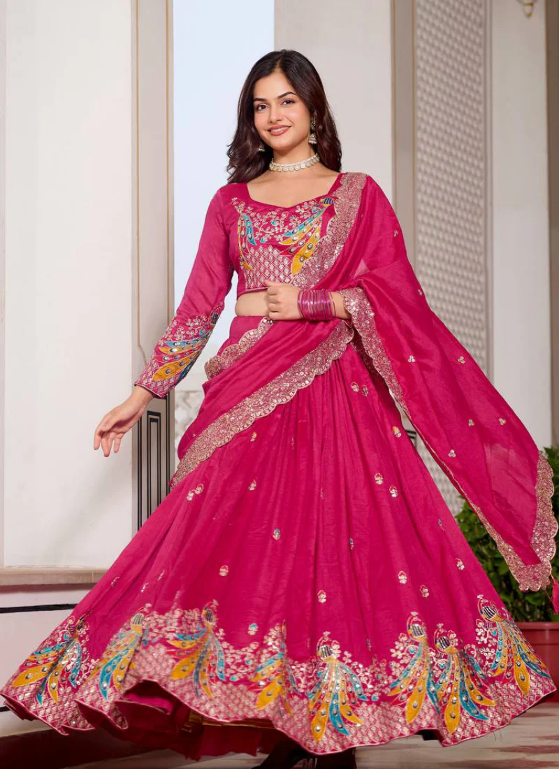 Bewitching Heavy Sequence Embroidered Vichitra Silk Pink Lehenga Choli - Image 4
