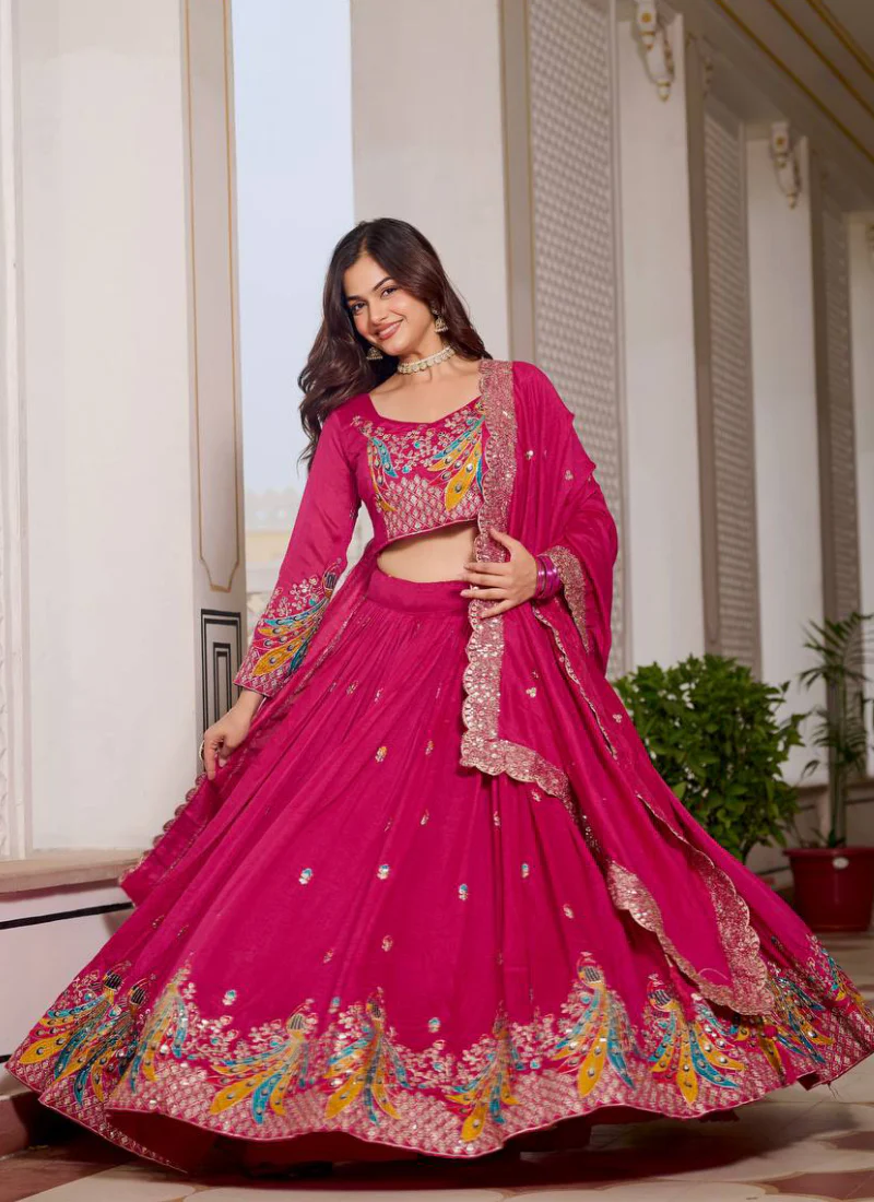 Bewitching Heavy Sequence Embroidered Vichitra Silk Pink Lehenga Choli - Image 5