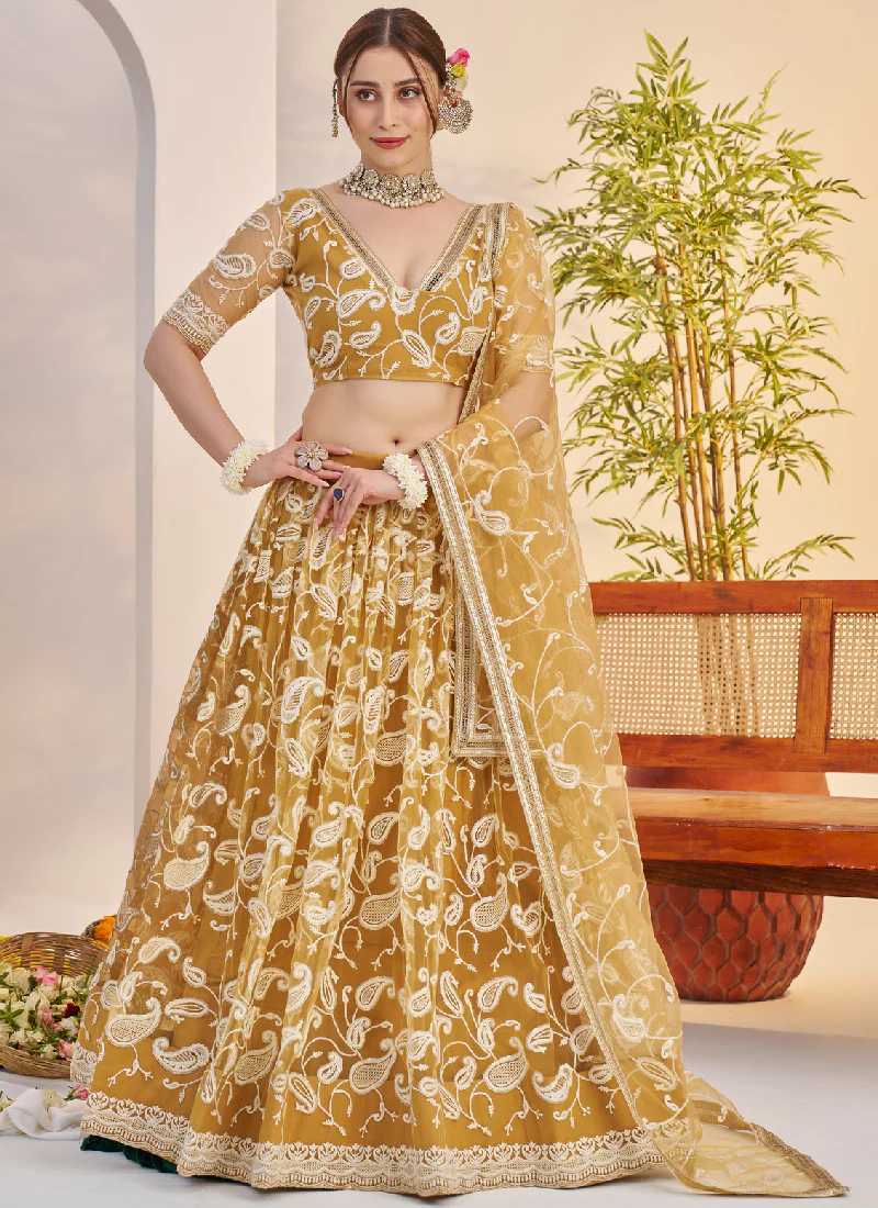 Bewitching Yellow Net Thread Embroidered Haldi Special Lehenga Choli - Image 3